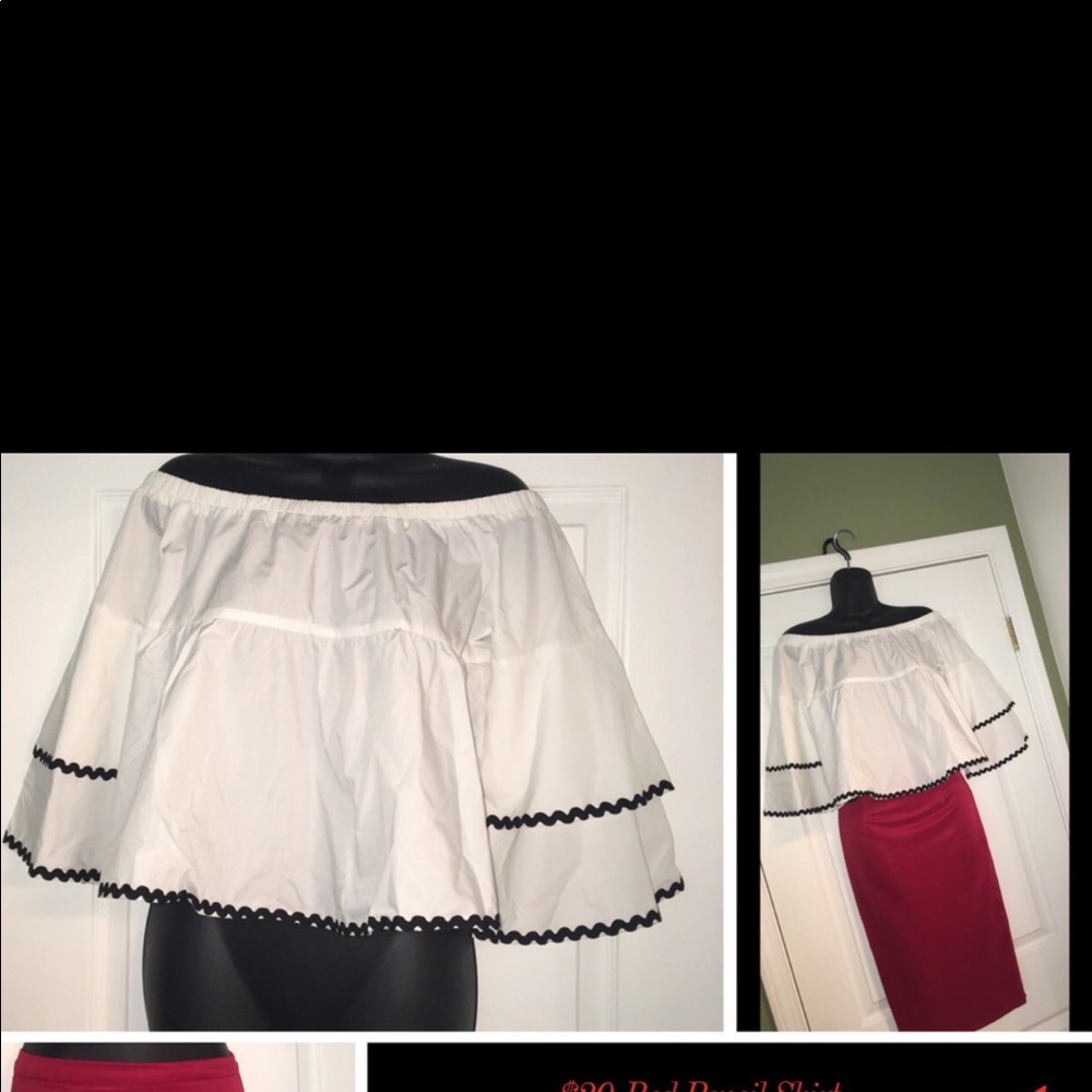 White crop top/black trim & Red pencil skirt.